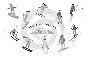 Vector illustration of skiers and snowboarders.