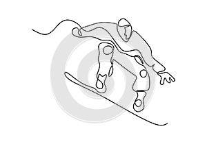 Vector illustration of skiing young pro guy in the mountains, and snowboarding. Continuous one line drawing. Minimalism design