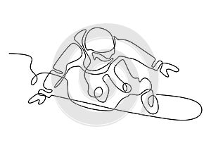 Vector illustration of skiing young pro guy in the mountains, and snowboarding. Continuous one line drawing. Minimalism design