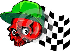 vector illustration of skull with hat and racing flag on white background. digital draw