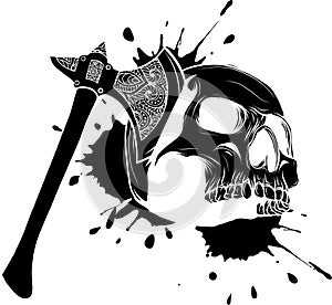 vector illustration of skull head murdered by ax