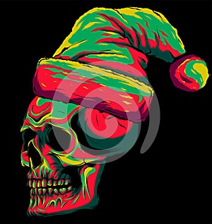 vector illustration skull wearing Santa Claus hat on black background