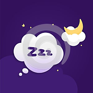 Vector illustration of sky at night and bubble with Zzz and moon on cloud