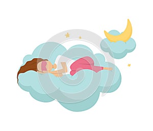 Vector illustration of sleeping girl on blue cloud. Moon and stars. Sweet dreams.