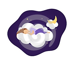 Vector illustration of sleeping girl on cloud at night. Moon and stars. Melatonin