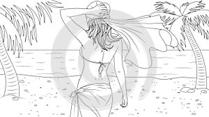 Vector illustration, a slender girl walks on the beach