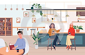 Vector illustration of a small cafe interior. Two girls sitting on bar stools are talking and drinking coffee, and a man at