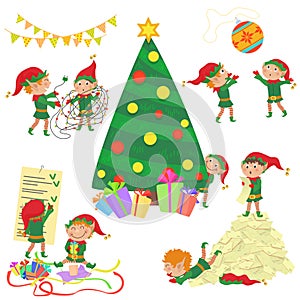 Vector illustration of small cute elves decorating Christmas tree set.