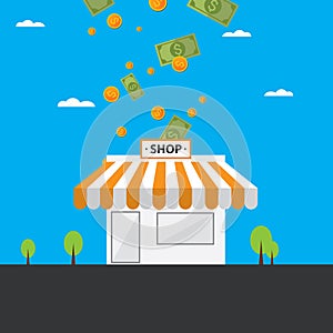 Vector illustration of a small store yielding gold coins.