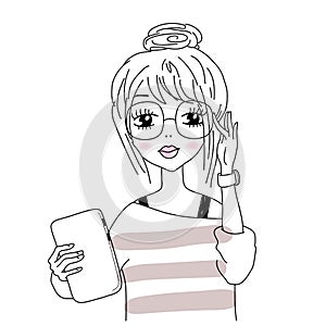 Vector illustration of smart girl in nerdy glasses, hipster look.