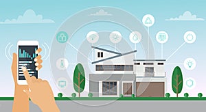 Vector illustration of smart house concept. Home technology system with smartphone control in flat cartoon style.