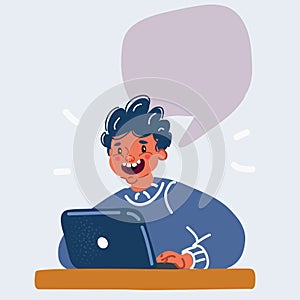 Vector illustration of Smart little boy with laptop. Speech ballon. Copy space