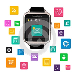 Smart Watch device display with app icons. Isolated on white background.