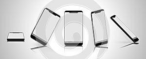 Vector illustration of smartphone with different angles mock up white screen isolated on gradient white background