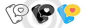 Vector illustration smartphone with heart emoji speech bubble get message on screen. Social network and mobile device