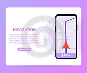 Vector illustration of smartphone with mobile navigation app on screen. Route map with symbols showing location of man.