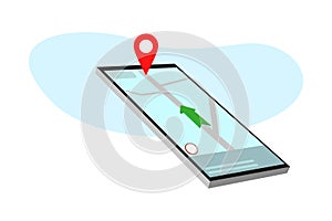Vector illustration of smartphone with mobile navigation app on screen. Route map with symbols showing location of man. Global