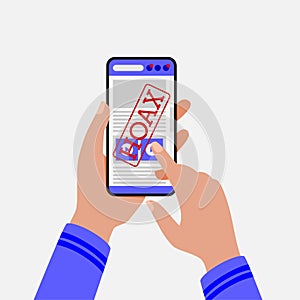 Vector illustration of a smartphone user accessing hoax news. Suitable for campaigns to stop fake news