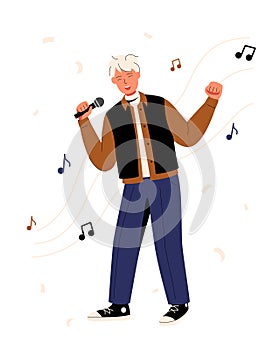 Vector illustration of a smiling boy who sings. A man in stylish clothes speaks to the public. A character with a microphone in