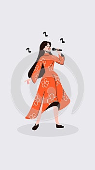 Vector illustration of a smiling cute girl who sings, several musical notes are located on the background. A girl in a bright