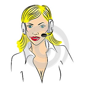 Vector illustration of smiling cute woman working as telephone operator