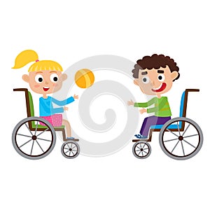 Vector illustration of smiling little boy and girl on wheelchair