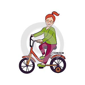 Vector illustration with smiling little girl in eye glasses riding bicycle with stabilisers, isolated on white. Hand drawn toddler