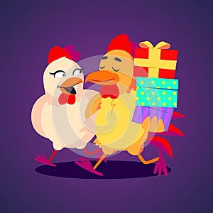 Vector illustration. A smiling rooster and hen carrying gift boxes in funny cartoon style