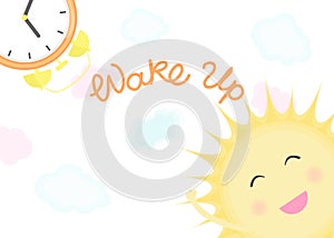 Vector illustration with smiling sun, alarm clock and inscription Wake Up on white background with color clouds.