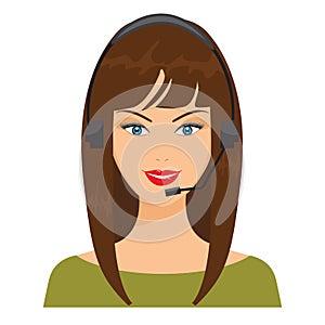 Vector illustration of smiling telephone operator. Nice woman