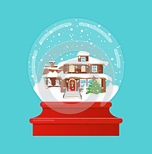 Vector illustration of snow globe with a small house and fir-tree under the snow. Merry christmas, New Year gift in flat