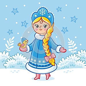Vector illustration with Snow Maiden and a bird in the snow. Christmas card in cartoon style