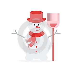 Vector illustration with snowman in hat and scarf with broom. Funny cartoon winter illustration . Happy New Year, Christmas