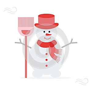 Snowman in hat, scarf with broom