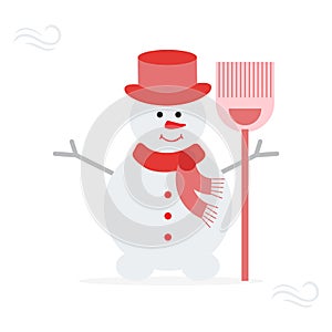 Snowman in hat, scarf with broom