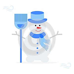 Vector illustration with snowman in hat and scarf with broom. Funny cartoon winter illustration . Happy New Year, Christmas