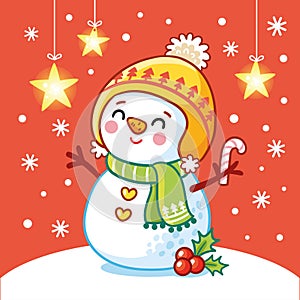 Vector illustration with a snowman on a snowy meadow. Christmas card in cartoon style