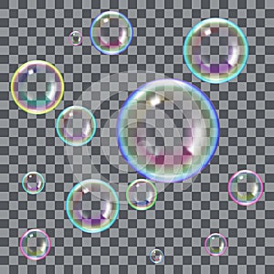 Vector illustration of soap bubbles on transparent background.