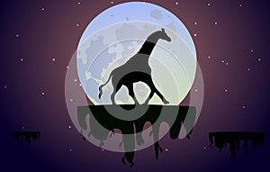 Vector illustration on soaring islands in the night sky with stars. Giraffe on the background of the big moon