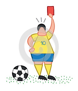 Vector illustration soccer player showing red card. Hand drawn