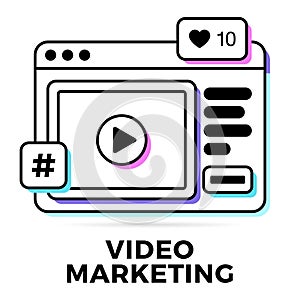 Vector illustration of a social media communication concept. Video marketing word with social activity icons in a message bubble