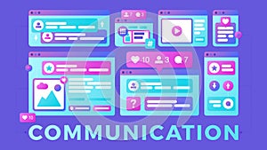 Vector illustration of a social media communication concept. The word communication with colorful cross-platform browser windows