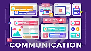 Vector illustration of a social media communication concept. The word communication with colorful cross-platform browser windows