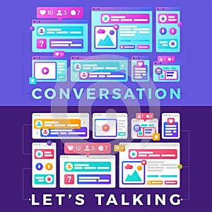 Vector illustration of a social media communication concept. The word conversation with colorful cross-platform browser windows