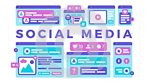 Vector illustration of a social media communication concept. The word social media with colorful cross-platform browser windows