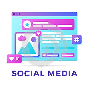 Vector illustration of a social media communication concept. The word social media with colorful cross-platform browser windows