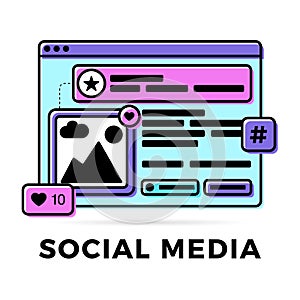 Vector illustration of a social media communication concept. The word social media with colorful cross-platform browser windows