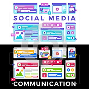 Vector illustration of a social media communication concept. The word social media with colorful cross-platform browser windows