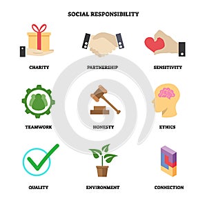 Vector illustration with social responsibility icon set. Collection with charity and partnership symbols. Company CSR basics.