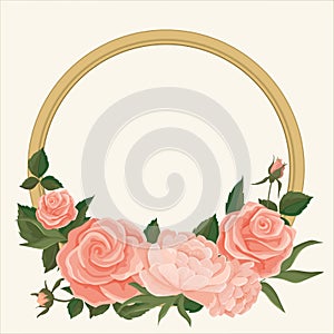 Vector illustration of soft pink roses and peonies in Shabby chic style in a round frame resembling a wicker basket. Delicate buds